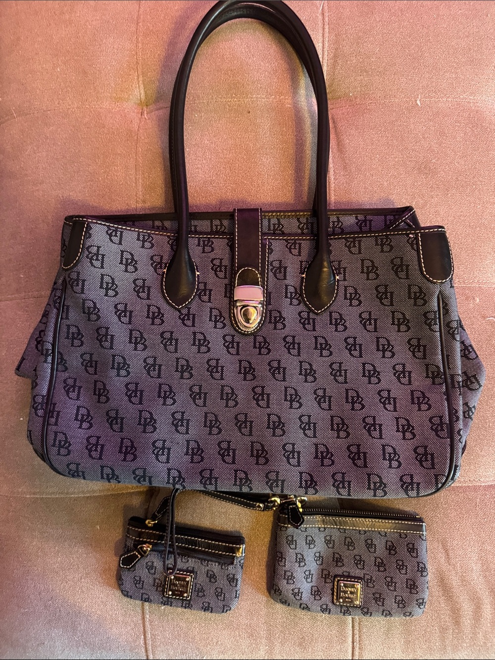 Dooney & Bourke Black Monogram Tote Bag with Matching Pouch & Wristlet
